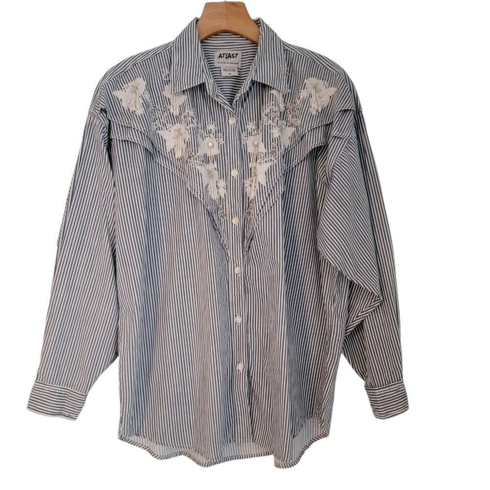 At Last Western Shirt Vintage Striped Blue Embroidery Pearl Button Cowgirl Med
